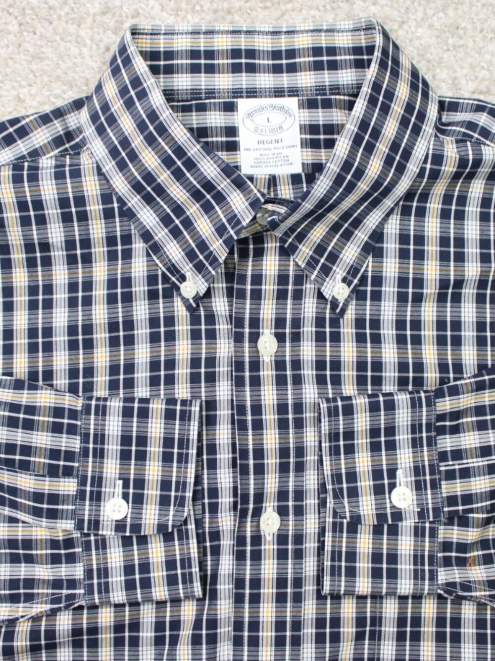 Brooks Brothers Shirt Mens Large Blue/Yellow Regent Non-Iron Supima Cotton L/S